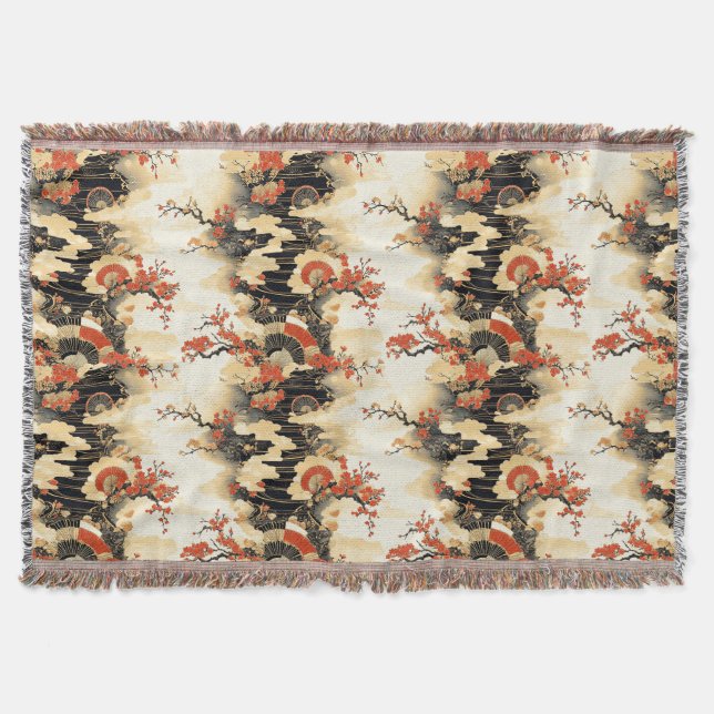 Japanese Cherry Blossom Fan Pattern (3) Throw Blanket (Front)