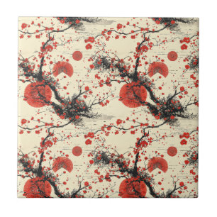 Japanese Cherry Blossom Fan Pattern (4) Ceramic Tile