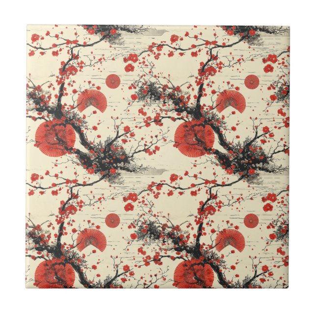 Japanese Cherry Blossom Fan Pattern (4) Ceramic Tile (Front)