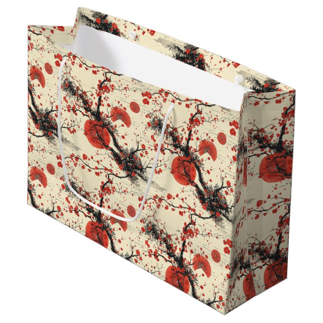 Japanese Cherry Blossom Fan Pattern (4) Large Gift Bag (Front Angled)