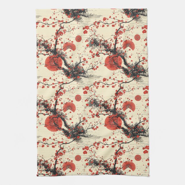 Japanese Cherry Blossom Fan Pattern (4) Tea Towel (Vertical)