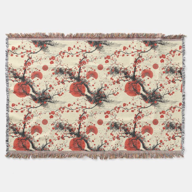 Japanese Cherry Blossom Fan Pattern (4) Throw Blanket (Front)