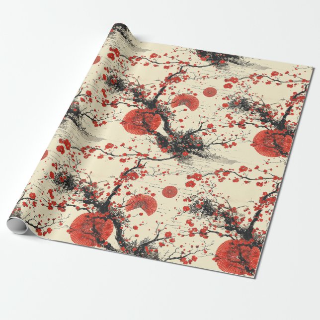 Japanese Cherry Blossom Fan Pattern (4) Wrapping Paper (Unrolled)