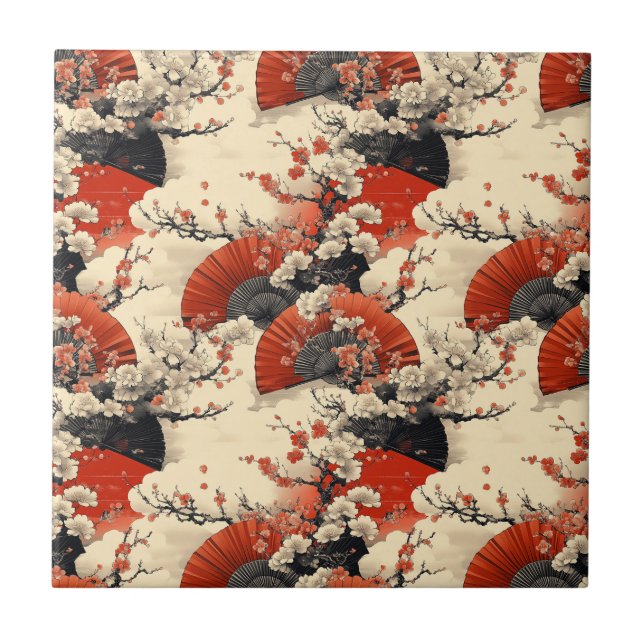 Japanese Cherry Blossom Fan Pattern (5) Ceramic Tile (Front)