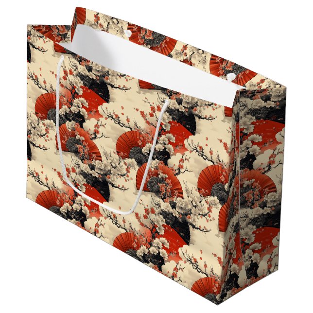 Japanese Cherry Blossom Fan Pattern (5) Large Gift Bag (Front Angled)