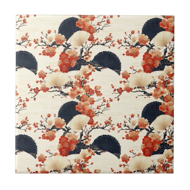Japanese Cherry Blossom Fan Pattern (6) Ceramic Tile (Front)