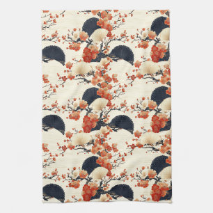 Japanese Cherry Blossom Fan Pattern (6) Tea Towel