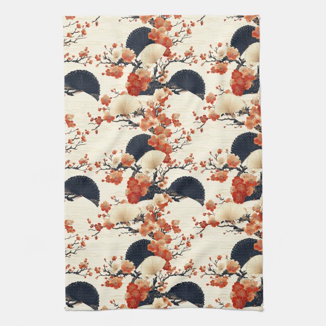 Japanese Cherry Blossom Fan Pattern (6) Tea Towel (Vertical)