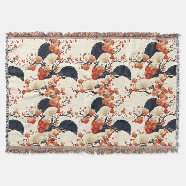 Japanese Cherry Blossom Fan Pattern (6) Throw Blanket (Front)
