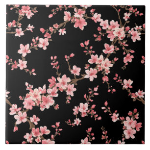 Japanese Cherry Blossom Floral Blush Pink Black Ceramic Tile