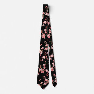 Japanese Cherry Blossom Floral Blush Pink black Tie