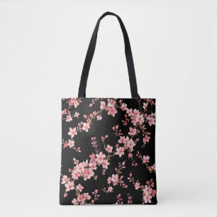 Japanese Cherry Blossom Floral Blush Pink Black Tote Bag
