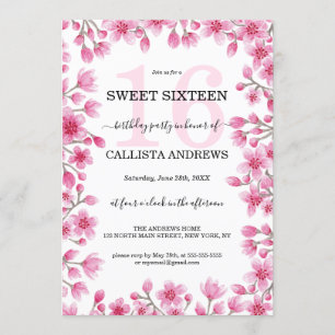 Japanese Cherry Blossom Floral Border Sweet 16 Invitation