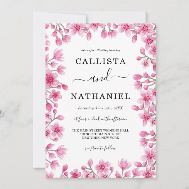 Japanese Cherry Blossom Floral Border Wedding Invitation (Front)