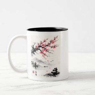 Japanese Cherry Blossom Ink Wash Painting - Zen Two-Tone Coffee Mug