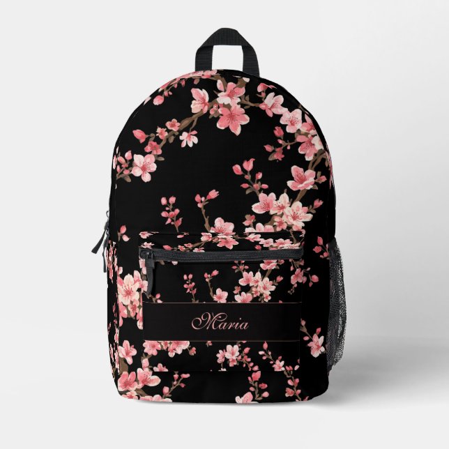 Japanese Cherry Blossom monogram Blush Pink Black Printed Backpack (Front)