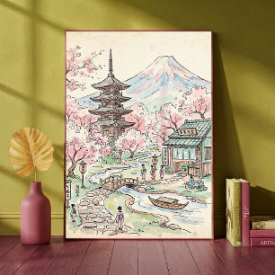 Japanese Cherry Blossom Mount Fuji Watercolor Land Poster