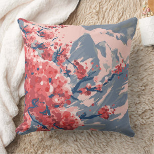 Japanese Cherry Blossom & Mountain Artwork Cushion