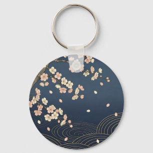 Japanese Cherry Blossom Navy Gold Wave Pattern Key Ring