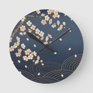 Japanese Cherry Blossom Navy Gold Wave Pattern Round Clock