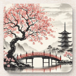 Japanese Cherry Blossom Pagoda Bridge Tin Candle Coaster