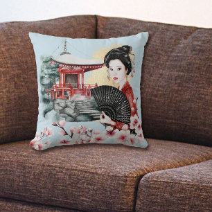 Japanese Cherry Blossom Pagoda Geisha Girl Cushion