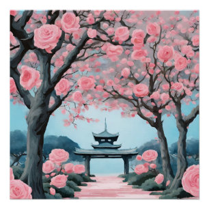 Japanese Cherry Blossom Pagoda Poster