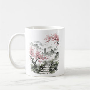 Japanese Cherry Blossom Pagoda Watercolor Coffee Mug