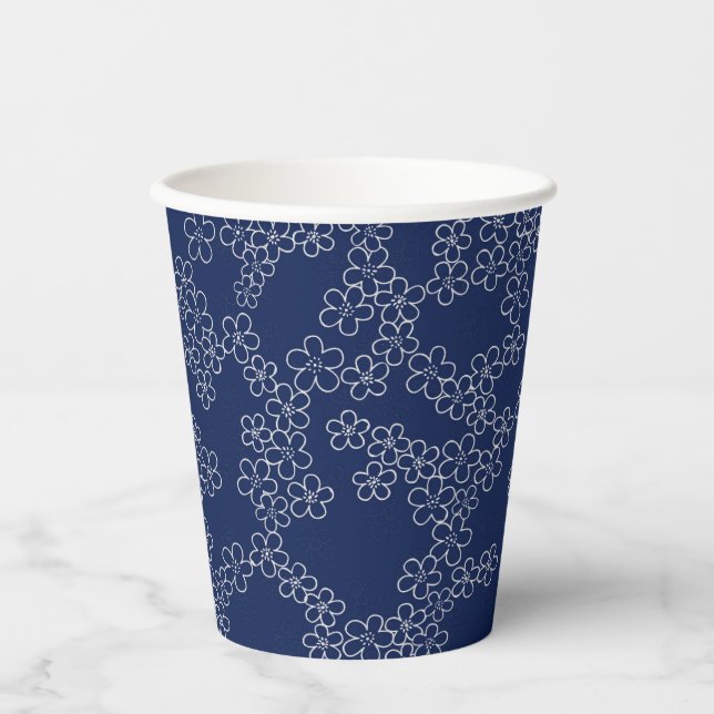 Japanese cherry blossom sakura white on blue paper cups (Front)