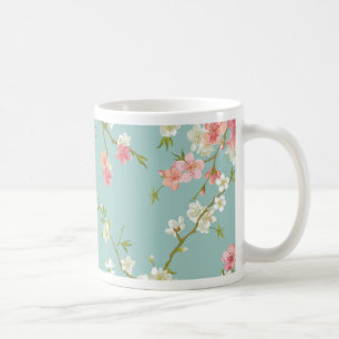 Japanese,cherry blossom,teal,white,pink,floral,fun coffee mug