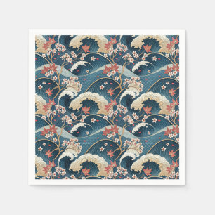 Japanese Cherry Blossom & Waves Floral Pattern Art Napkin