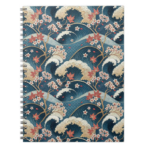 Japanese Cherry Blossom & Waves Floral Pattern Art Notebook