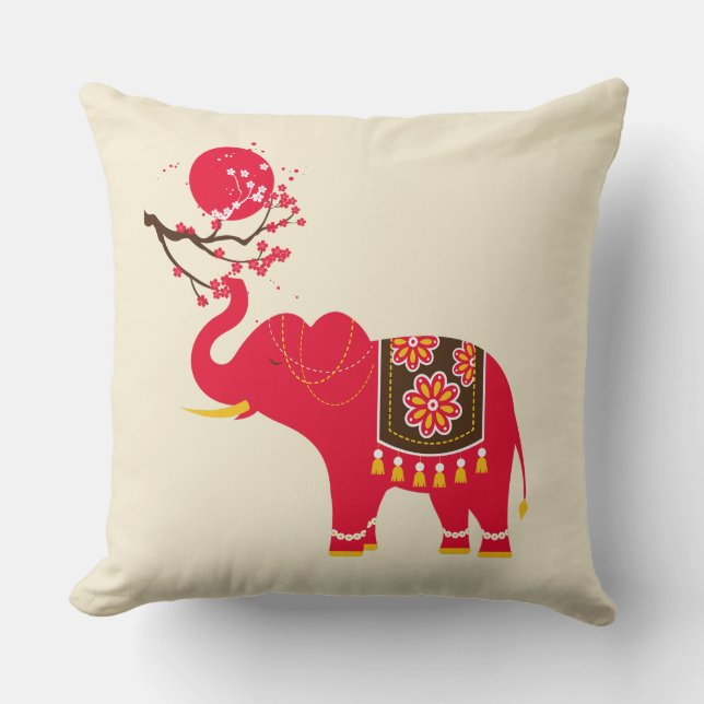 Japanese Cherry Blossom with Red Elephant Cushion (Front)