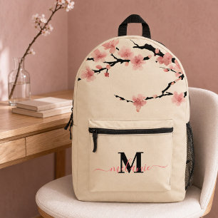 Japanese Cherry Blossoms Black Monogram Name Printed Backpack