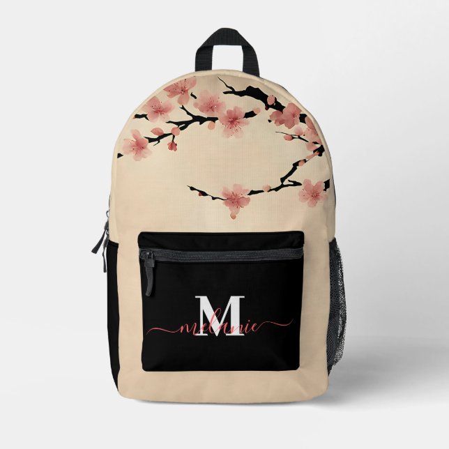Japanese Cherry Blossoms Custom Monogram Name Printed Backpack (Front)