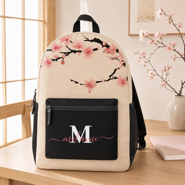 Japanese Cherry Blossoms Custom Name Monogram  Printed Backpack (Japanese Cherry Blossoms Custom Monogram Name Printed Backpack)