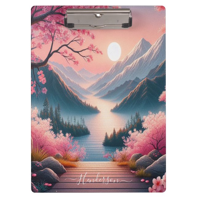 Japanese Cherry Blossoms Mountain Forest Landscape Clipboard (Front)