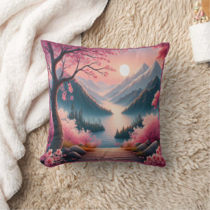 Japanese Cherry Blossoms Mountain Forest Landscape Cushion