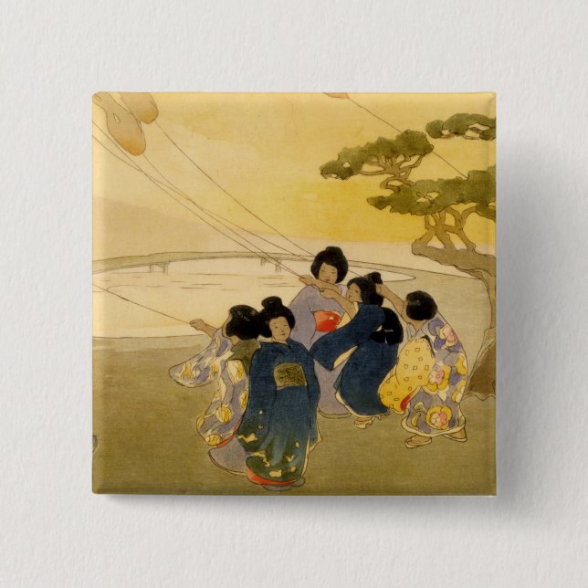 Japanese Children Flying Kites - Bertha Lum - 1913 15 Cm Square Badge (Front)