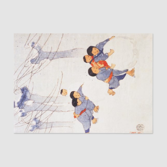 Japanese children rolling large snow balls  tissue paper (Front)