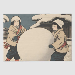 Japanese children rolling large snow balls tissue paper