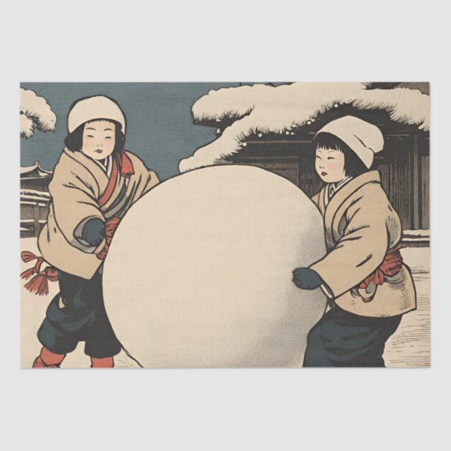 Japanese children rolling large snow balls tissue paper (Front)