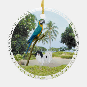 Japanese Chin and Macaw Ceramic Ornament