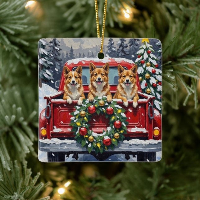 Japanese Chin Christmas Red Truck Holiday Ceramic Ornament (Tree)