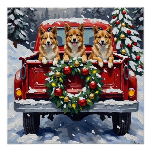 Japanese Chin Christmas Red Truck Holiday Poster (Front)