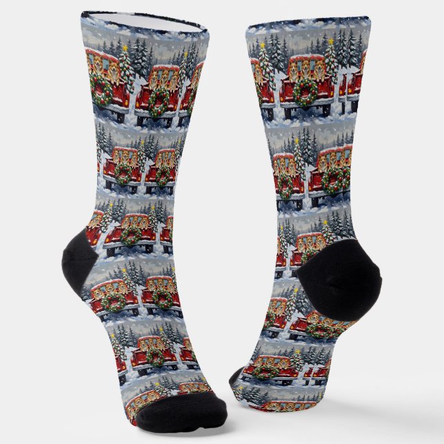 Japanese Chin Christmas Red Truck Holiday Socks (Angled)