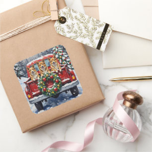 Japanese Chin Christmas Red Truck Holiday Square Sticker