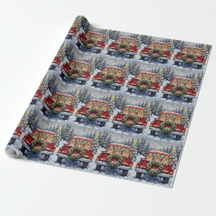 Japanese Chin Christmas Red Truck Holiday Wrapping Paper