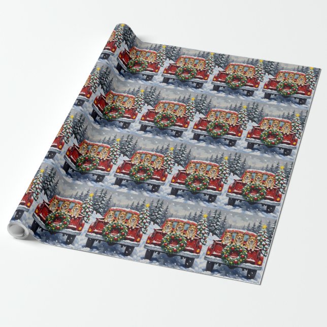Japanese Chin Christmas Red Truck Holiday Wrapping Paper (Unrolled)