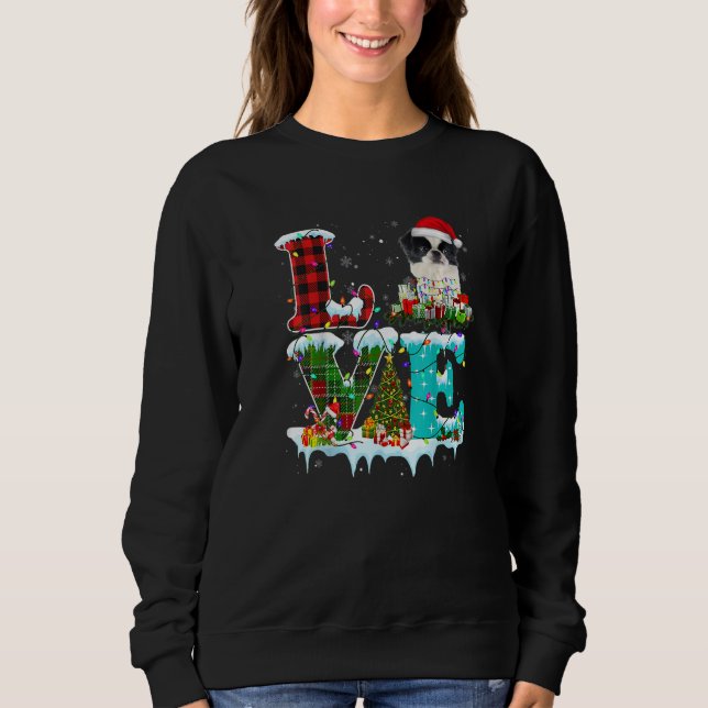 Japanese Chin Christmas Tree Light Pajama Dog Xmas Sweatshirt (Front)